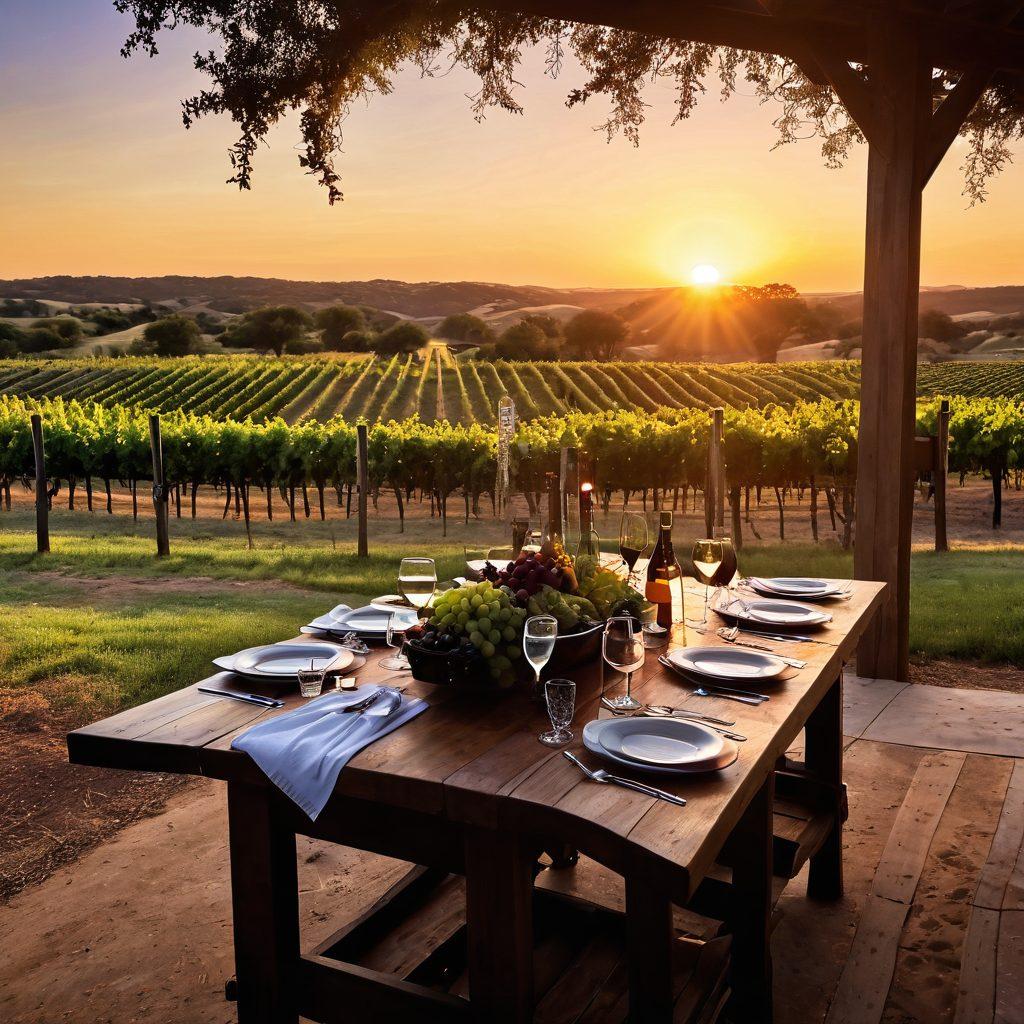 A picturesque vineyard in Texas at sunset, with lush grapevines stretching across rolling hills. In the foreground, a rustic wooden table is elegantly set with a variety of Texas dishes paired with glasses of wine. The warm glow of the sun enhances the vibrant colors of the food and wine, inviting viewers to experience the flavors. Include elements of rustic charm, such as wine barrels and lanterns. super-realistic. vibrant colors. golden hour lighting.